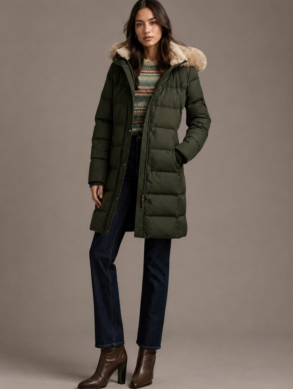 NWT LAUREN RALPH LAUREN Litchfield Winter Down Puffer Coat Loden Green Faux Fur